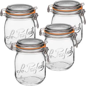 Le Parfait Super Jar – 1.5L French Glass Canning Jars w/Round Body, Wide Mouth, Airtight Lid – Clear Glass (48oz/Quart & Half, 3pk)(24oz (Set/4))