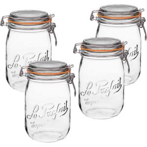 Le Parfait Super Jar – 1.5L French Glass Canning Jars w/Round Body, Wide Mouth, Airtight Lid – Clear Glass (48oz/Quart & Half, 3pk)(32oz (Set/4))