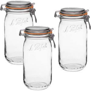 Le Parfait Super Jar – 1.5L French Glass Canning Jars w/Round Body, Wide Mouth, Airtight Lid – Clear Glass (48oz/Quart & Half, 3pk)(48oz (Set/3))