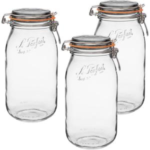 Le Parfait Super Jar – 1.5L French Glass Canning Jars w/Round Body, Wide Mouth, Airtight Lid – Clear Glass (48oz/Quart & Half, 3pk)(64oz (Set/3))